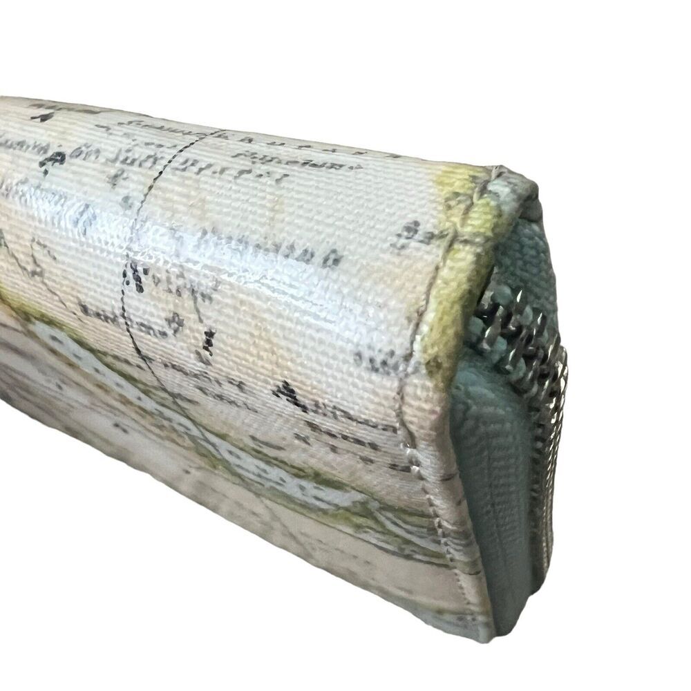 Think Bee Japanese World Map Globe Long Wallet Zip Up Coated Canvas Light Blue - Picture 11 of 16
